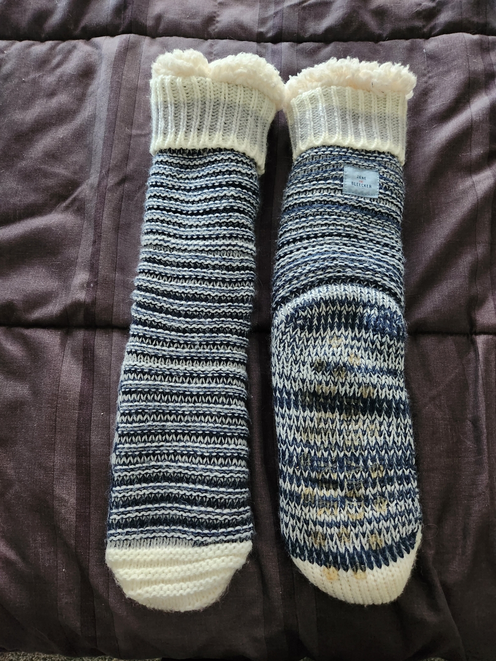 Cozy Navy & White Knit Slipper Socks - Sherpa Lined
